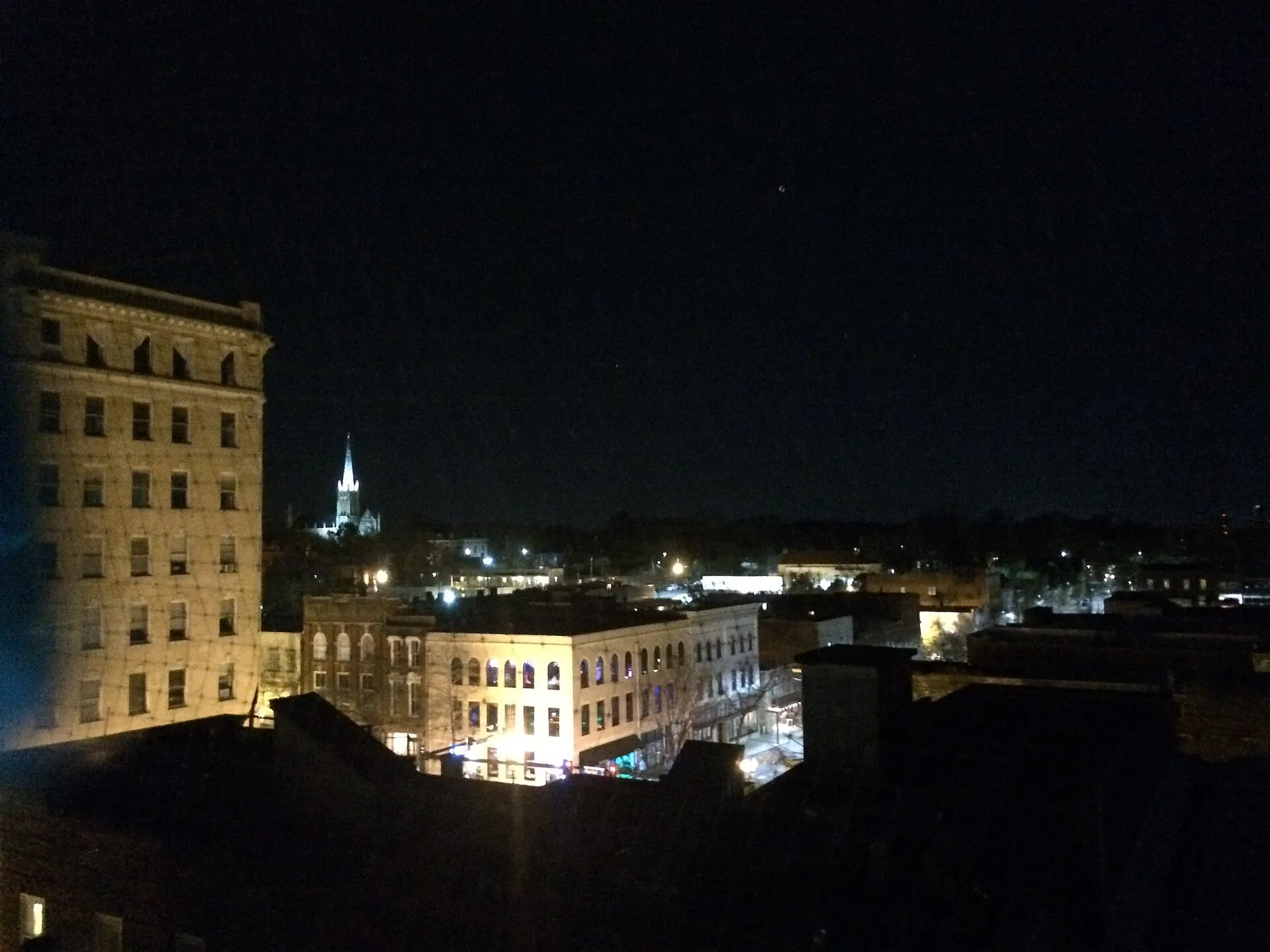 Downtown Wilmington's historic district at night, where the Great Downtown Pumpkin Hunt and the Eek! Week Festival take place on Halloween.
