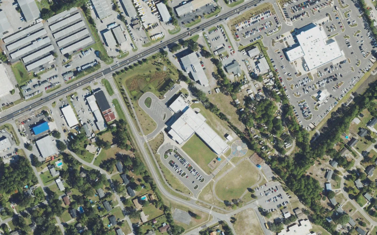 John J. Blair Elementary School off Market Street in Wilmington, seen from the air, with shopping centers across the road