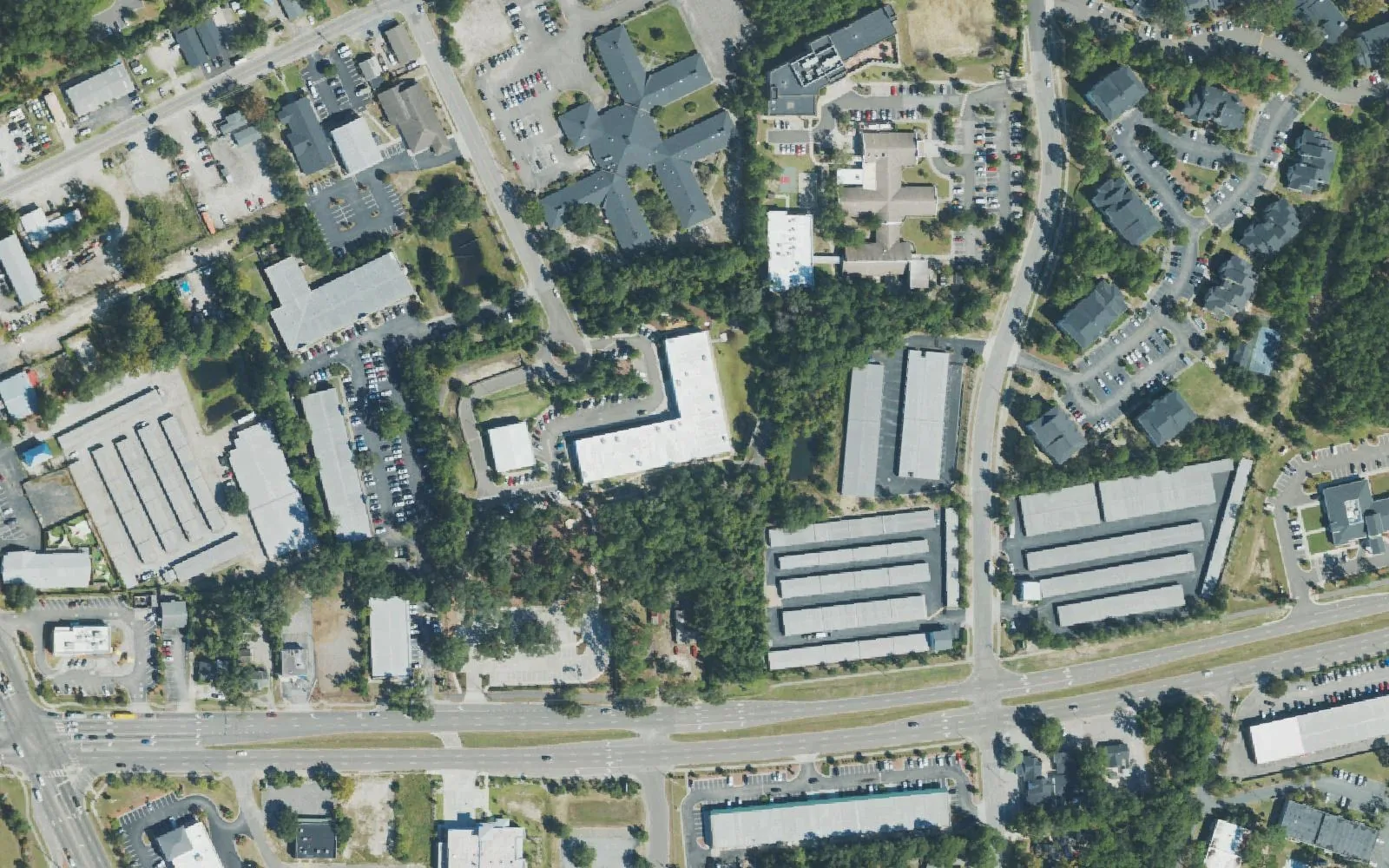 Buildings around Wonder Way in Wilmington, where Cape Fear Center for Inquiry is based, seen from the air