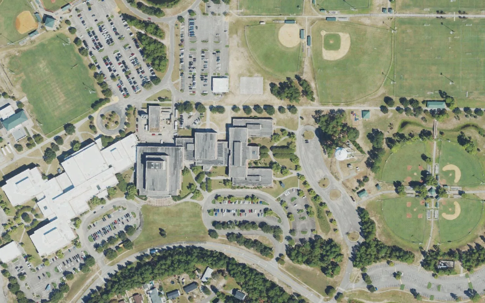 The shared campus of Murray Middle, Ashley High and Anderson Elementary off Halyburton Memorial Parkway, seen from the air, with ball fields to the east