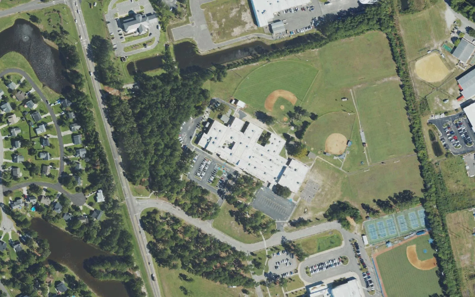 Emma B. Trask Middle School and its ball fields off North College Road, seen from the air