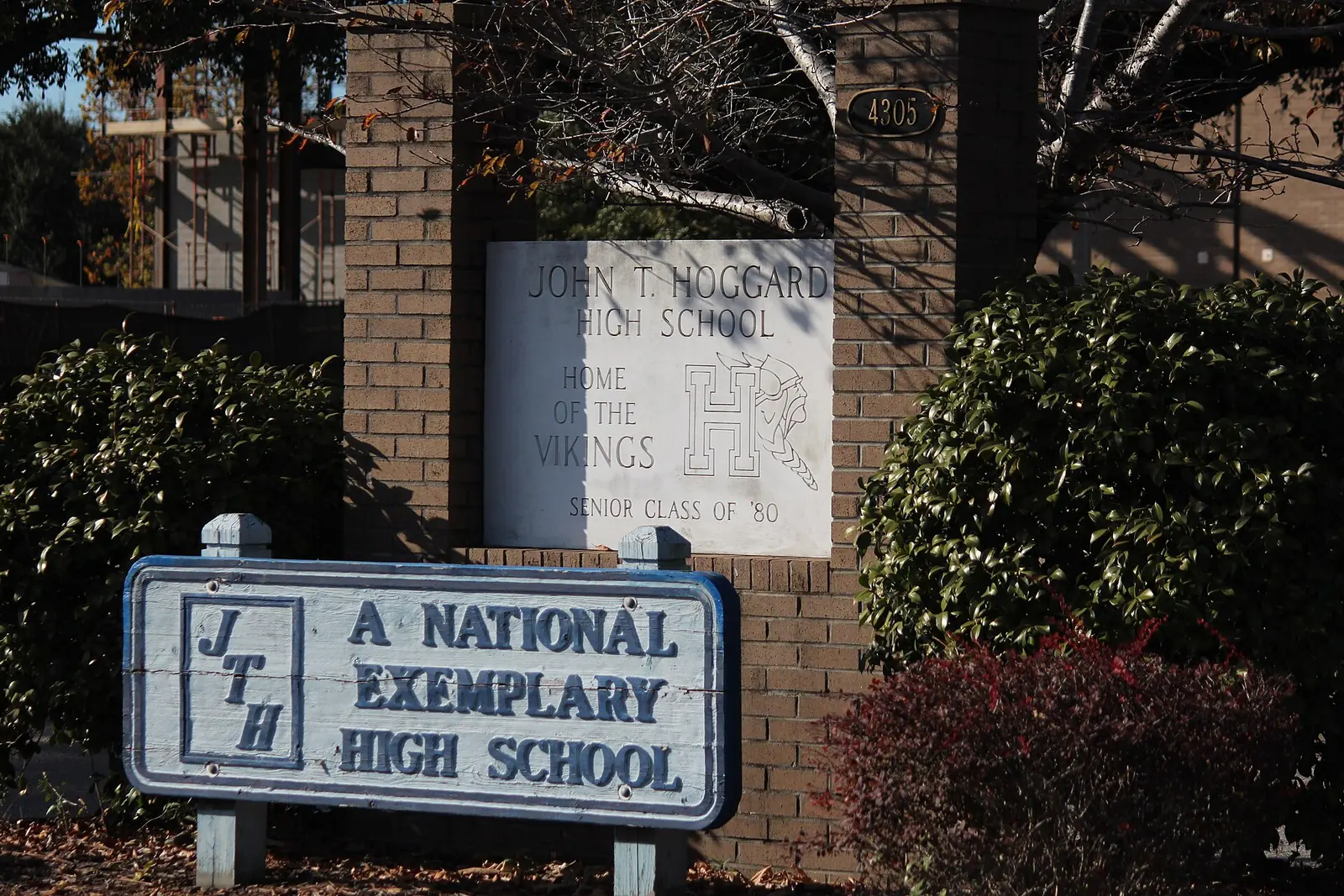 The brick main sign of John T. Hoggard High School, home of the Vikings, on Shipyard Boulevard in Wilmington