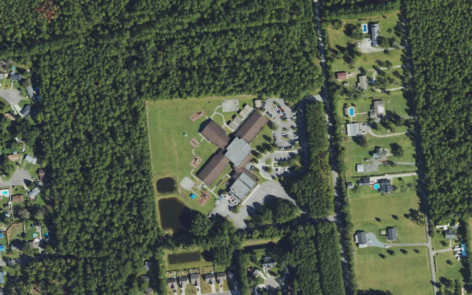 Murrayville Elementary School, its ponds and playground on Mabee Way, seen from the air, ringed by pine woods