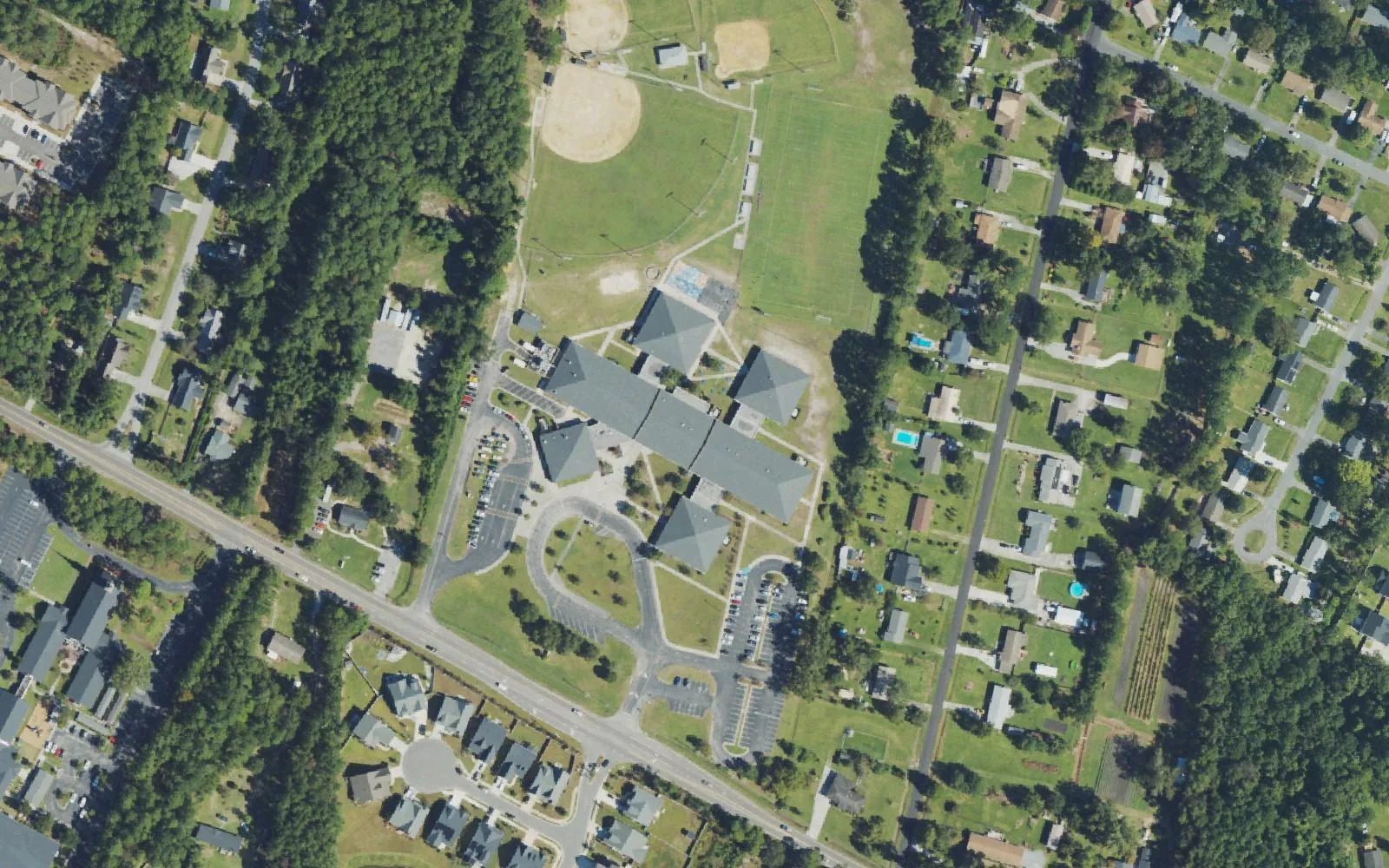 Myrtle Grove Middle School's buildings and ball fields off Piner Road, seen from the air
