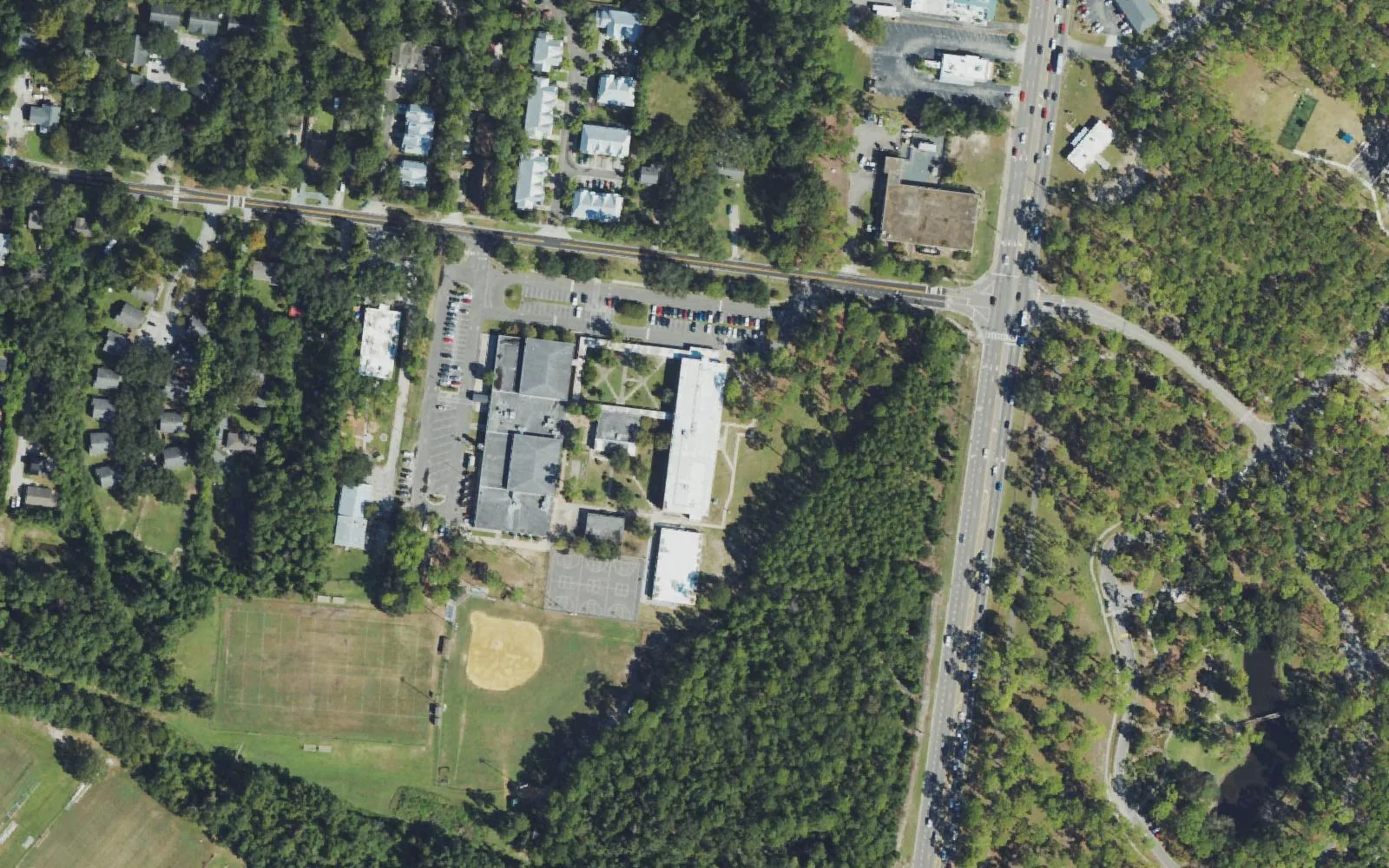 Roland-Grise Middle School's buildings and playing fields off Lake Avenue in Wilmington, seen from the air